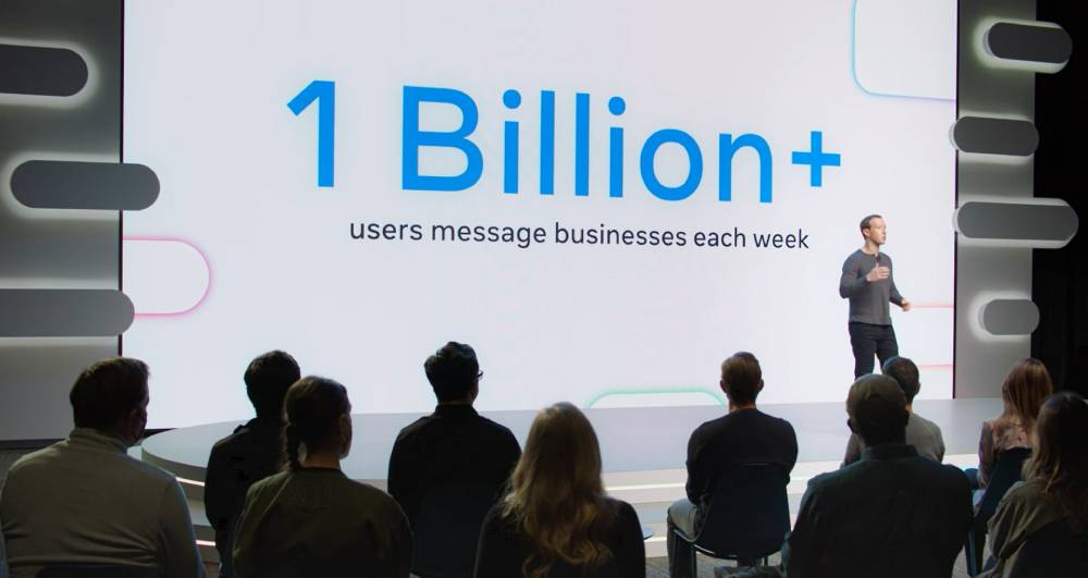 Meta CEO Mark Zuckerberg on stage during the event. 1 billion users message businesses each week.